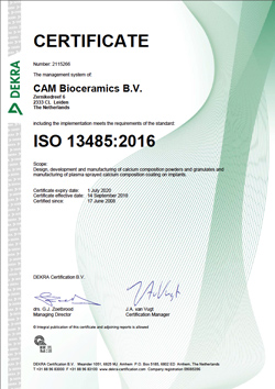 CAM Bioceramics is proud to announce the certification of ISO 13485:2016